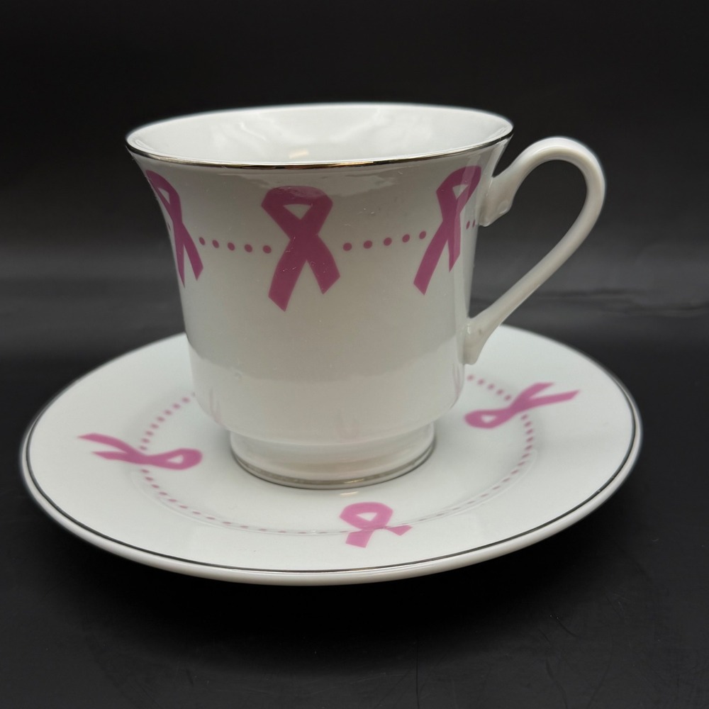 Darice Breast Cancer Awareness Pink Ribbon Tea‎ Cup and Saucer Set Silver Trim